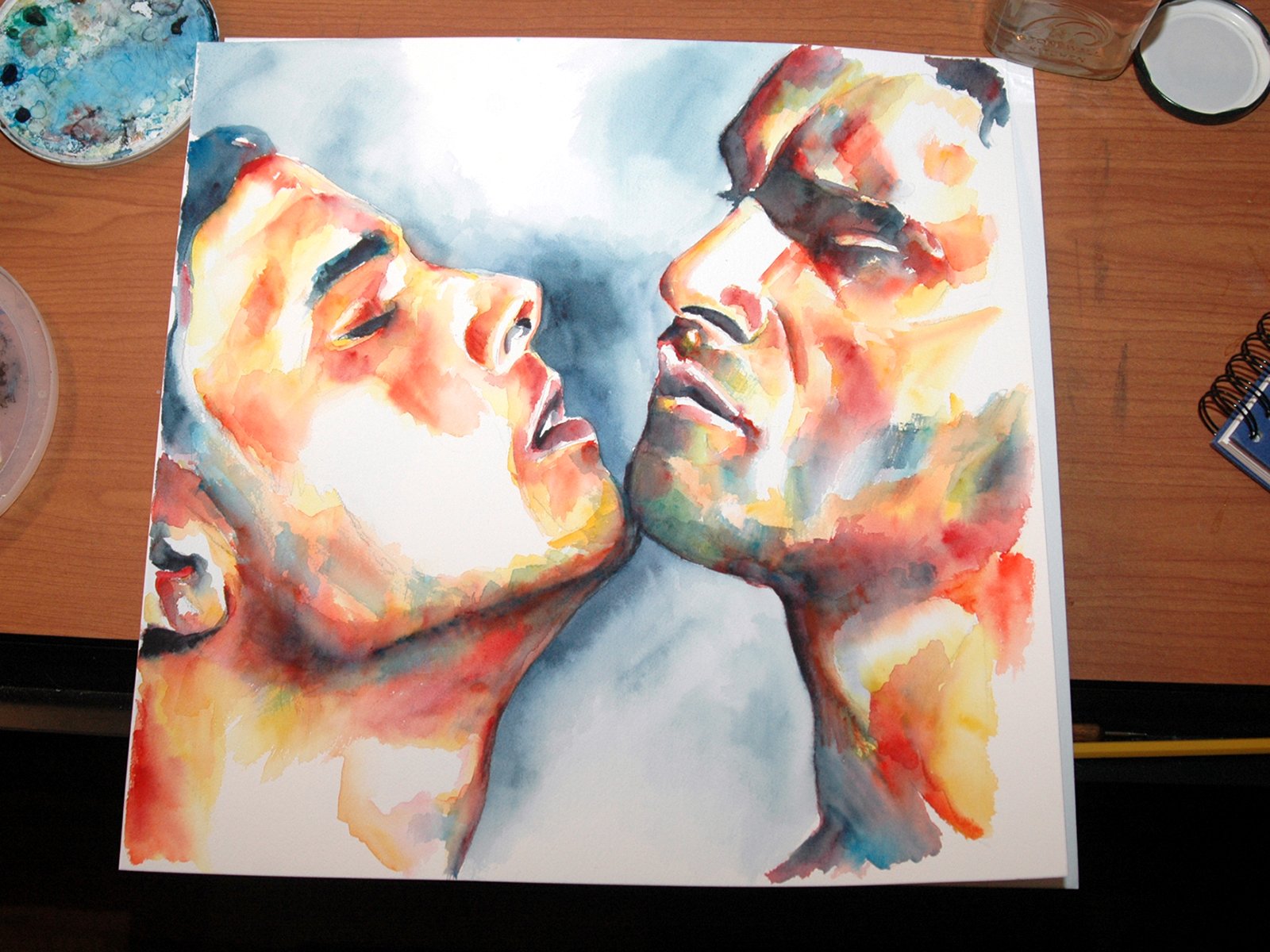 Brenden Sanborn watercolor of two men about to kiss, in progress on his desk, painted for his 2008 show at Continuum Gallery in Palm Springs