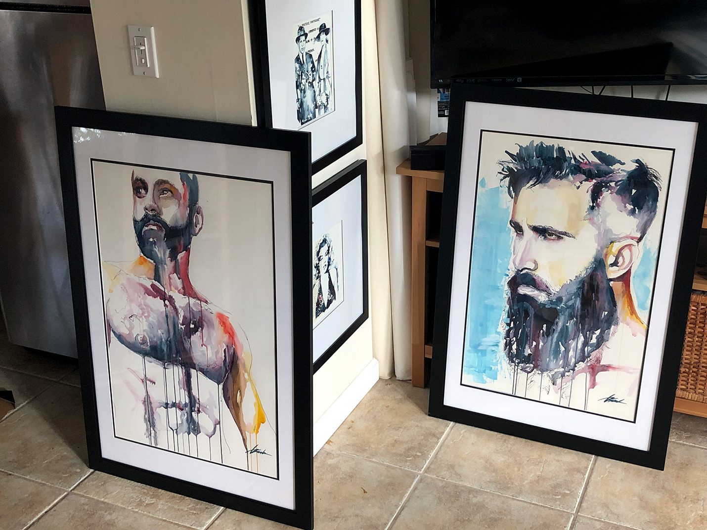 Framed watercolor portraits of bearded men by Brenden Sanborn, The Modern Male, Bowersock Gallery, Provincetown, 2019