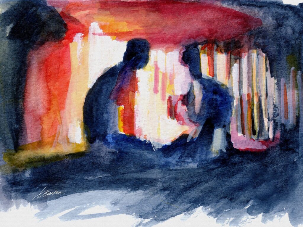 Watercolor painting by Brenden Sanborn of two men silhouetted against glowing red and gold light, alone together in a dark room
