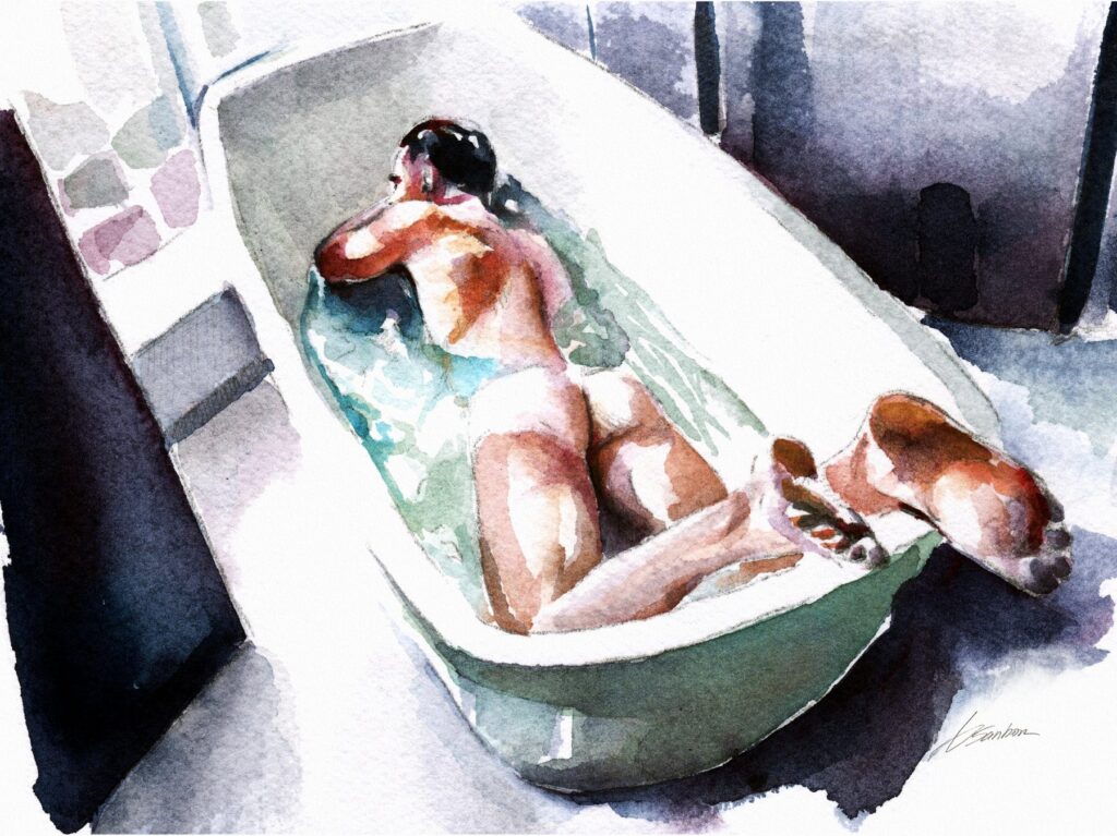 Watercolor painting by Brenden Sanborn of a man lying in a clawfoot tub, seen from above