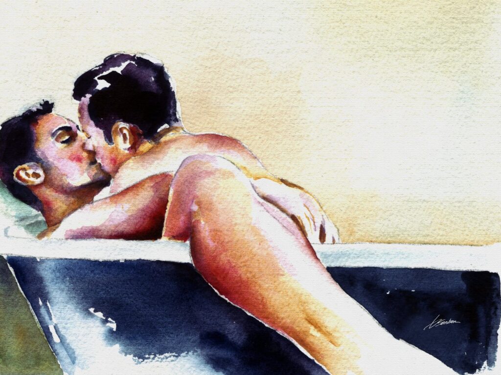 Watercolor painting by Brenden Sanborn of two men kissing in a bathtub, warm light on their shoulders