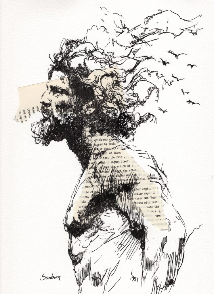 Ink drawing of a bearded man whose hair dissolves into flying birds, on a vintage book page, by Brenden Sanborn
