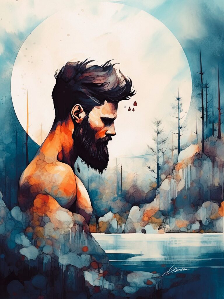 Male figure art of a bearded man under a full moon with a forest and lake in blue and copper tones, by Brenden Sanborn