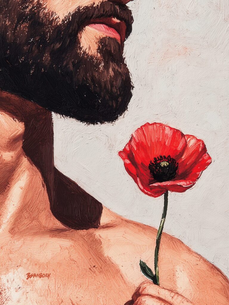 Close crop male figure art of a bearded man holding a single red poppy, by Brenden Sanborn