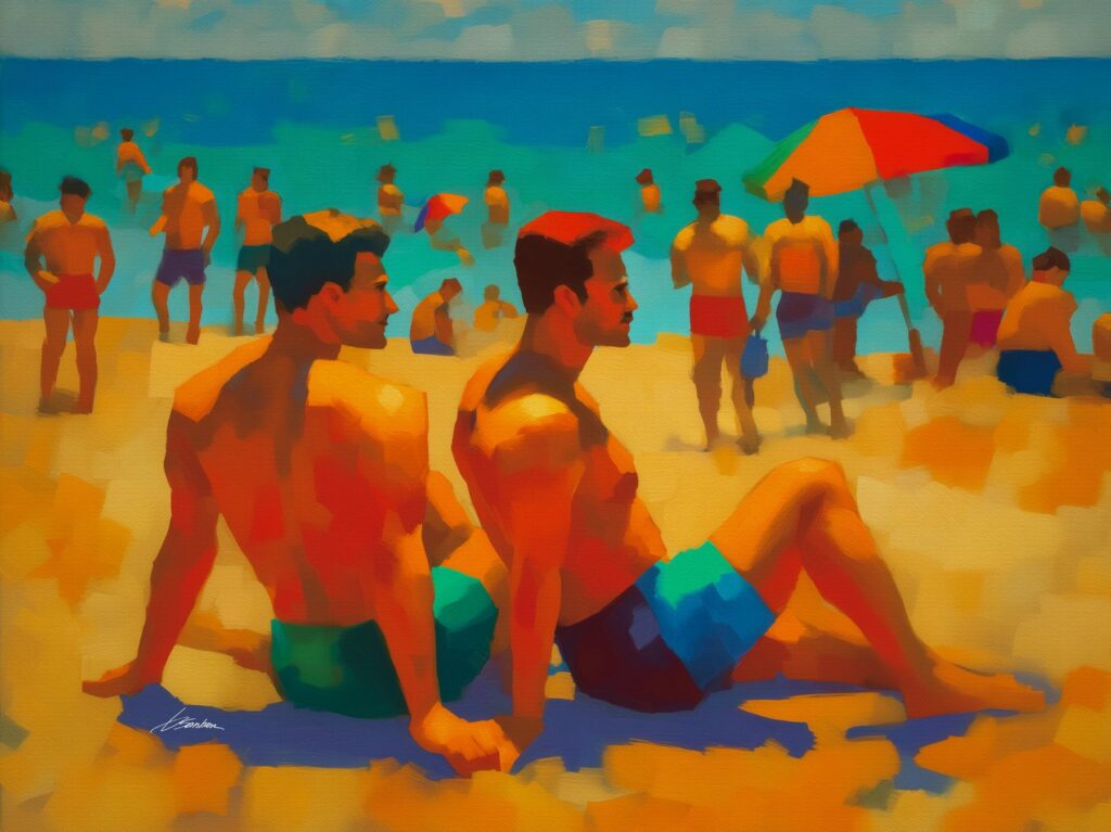 Painting by Brenden Sanborn of two men sitting close on the sand at Fire Island, a crowded beach and a red umbrella behind them