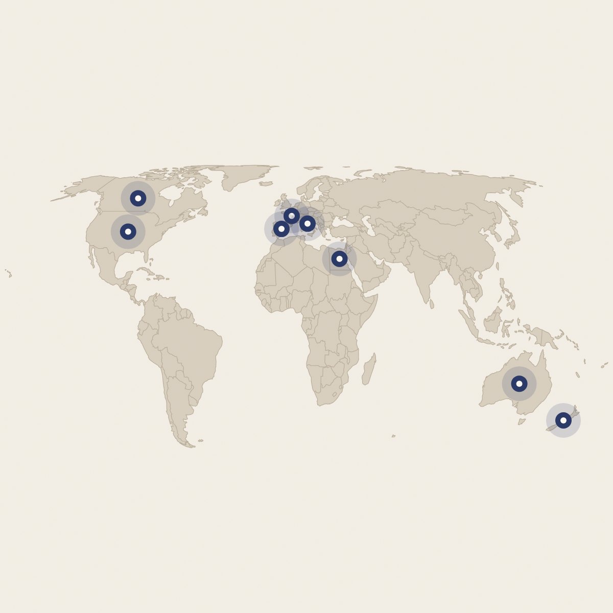 Map showing where Brenden Sanborn's paintings have been collected, including the USA, Canada, France, Italy, Spain, Egypt, Australia and New Zealand