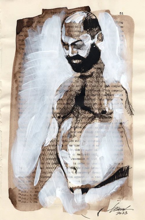 Custom portrait in ink and white of a bearded man on a vintage book page by Brenden Sanborn