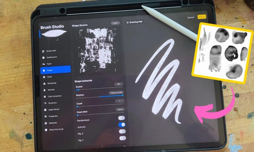 Brenden Sanborn's custom watercolor brushes in the Procreate brush studio on an iPad