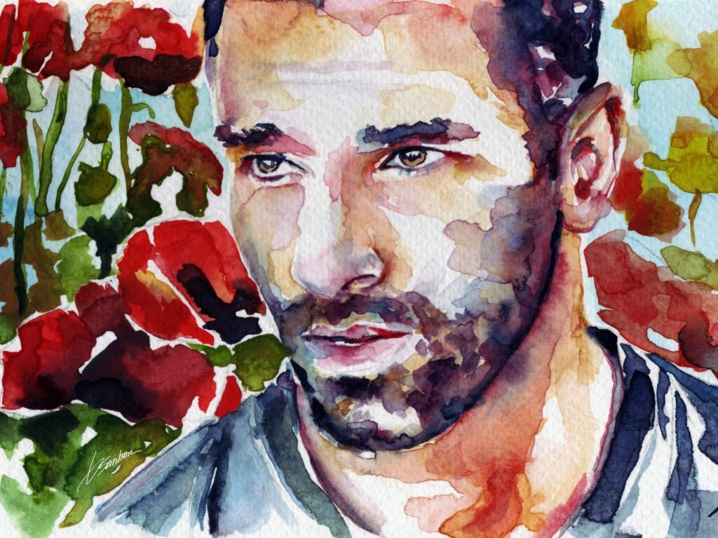 Watercolor portrait by Brenden Sanborn of a bearded man lost in thought among red poppies