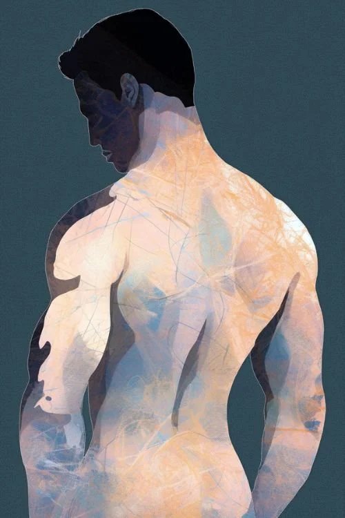 Digital painting by Brenden Sanborn of a male back in warm tones on a blue background, made in Procreate