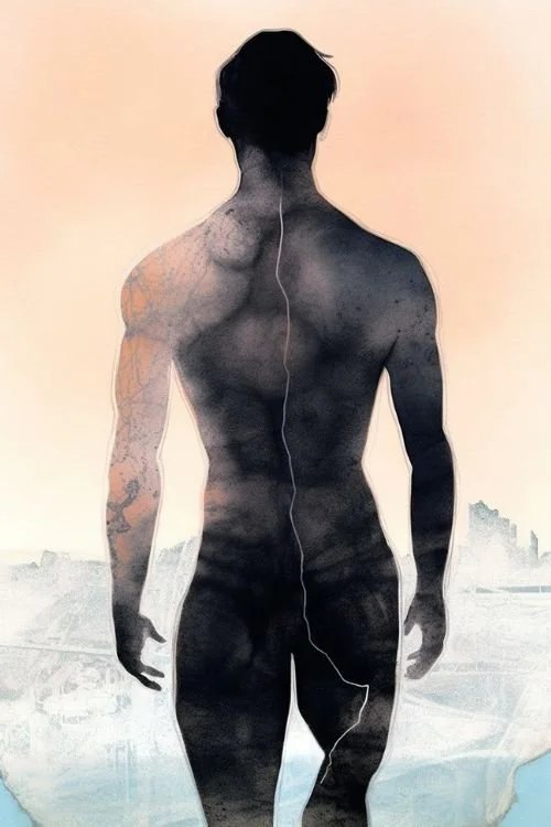 Digital painting by Brenden Sanborn of a male figure from behind in soft peach and gray, made in Procreate