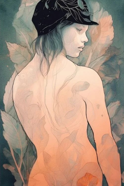 Digital painting by Brenden Sanborn of a woman seen from behind with leaves, made in Procreate