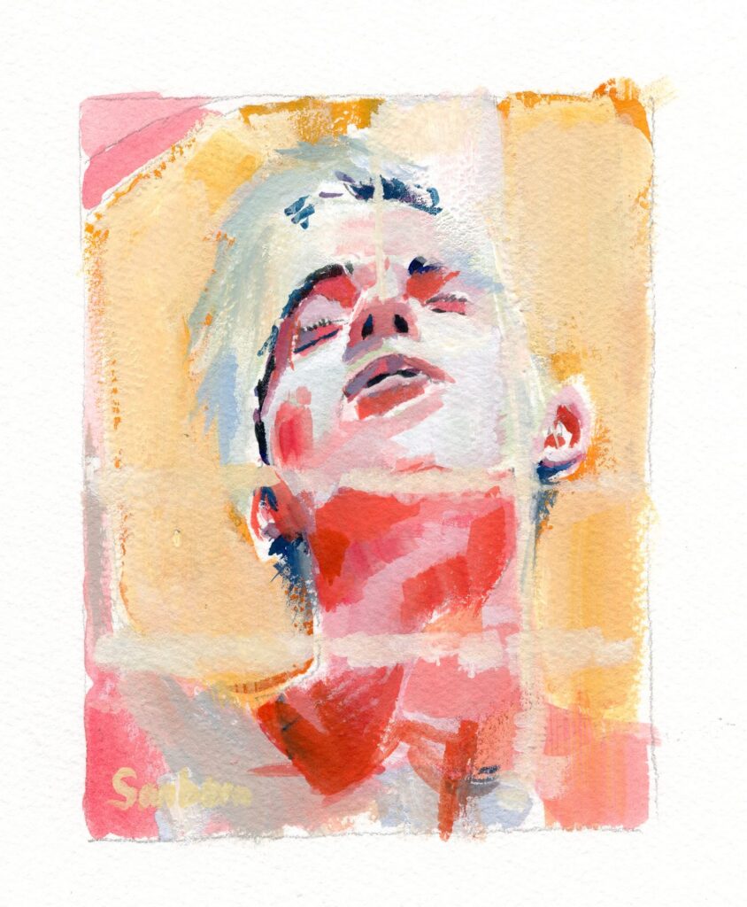 Expressive watercolor of a man with his face turned upward in pink, red and gold, by Brenden Sanborn