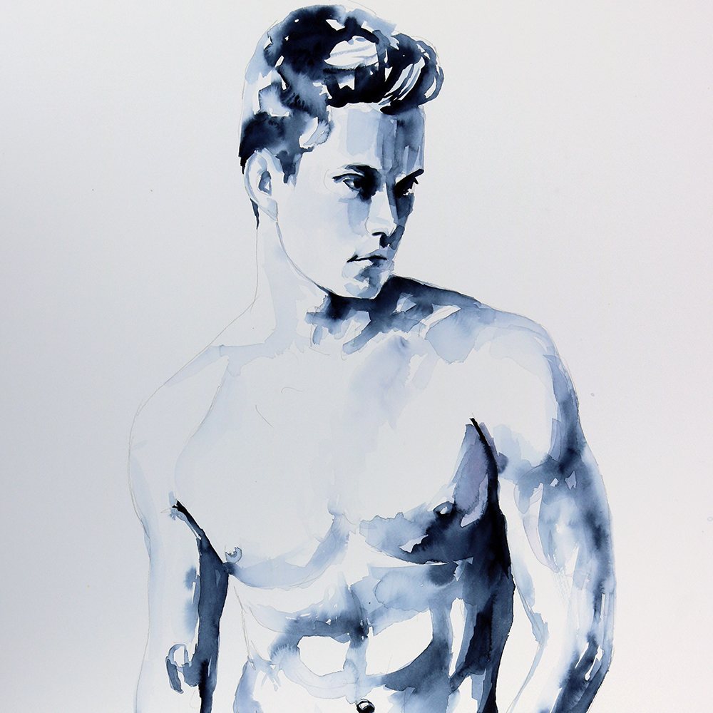 Indigo watercolor of a shirtless young man by Brenden Sanborn