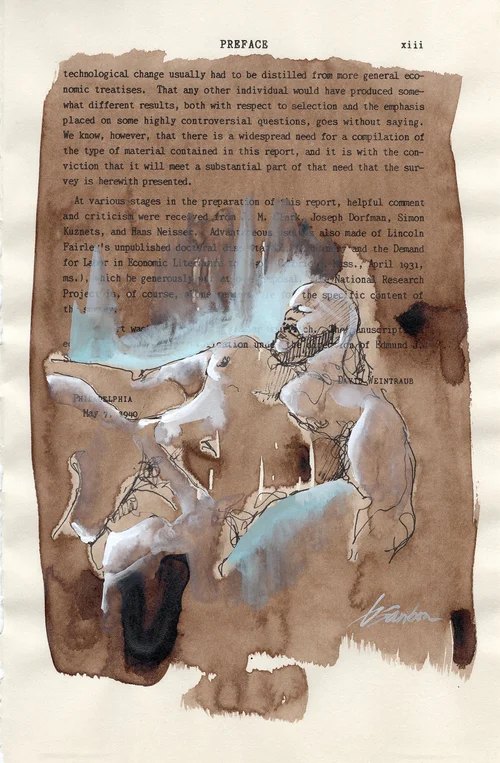 Ink and blue figure painted on a vintage book page by Brenden Sanborn