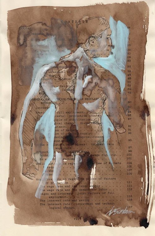 Ink and blue male figure from behind on a vintage book page by Brenden Sanborn