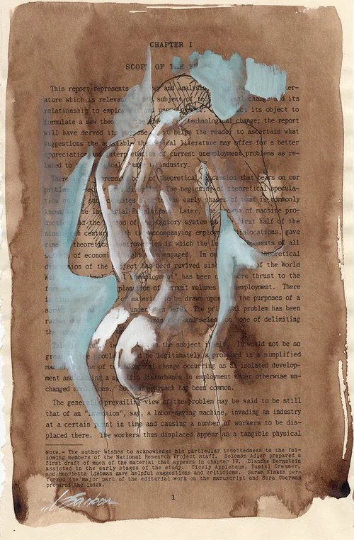 Ink and blue male figure on a stained vintage book page by Brenden Sanborn