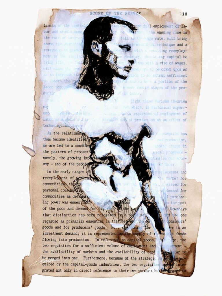 Unwritten Chapter, an ink drawing of a male figure on an aged book page, from the Page Boys collection by Brenden Sanborn
