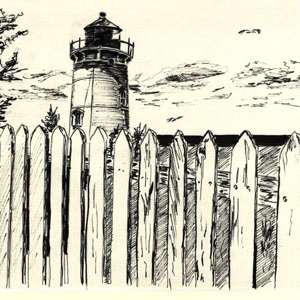 Ink sketch by Brenden Sanborn of a lighthouse rising behind a weathered picket fence
