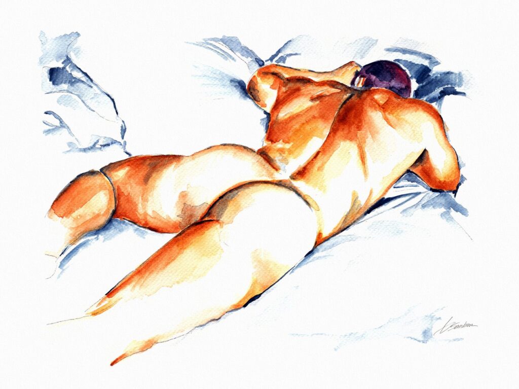 Watercolor painting by Brenden Sanborn of a man asleep face down on white sheets, in warm orange tones