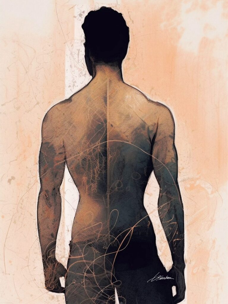 Male figure art of a man’s bare back in shadow against a warm peach background, by Brenden Sanborn