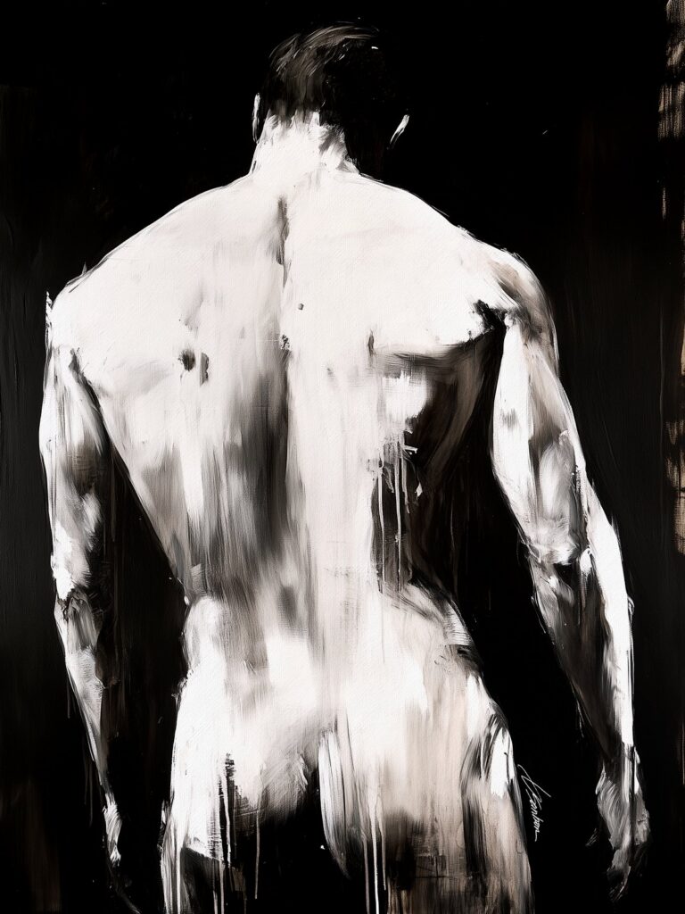 Painting by Brenden Sanborn of a male figure seen from behind in loose white paint on a black background