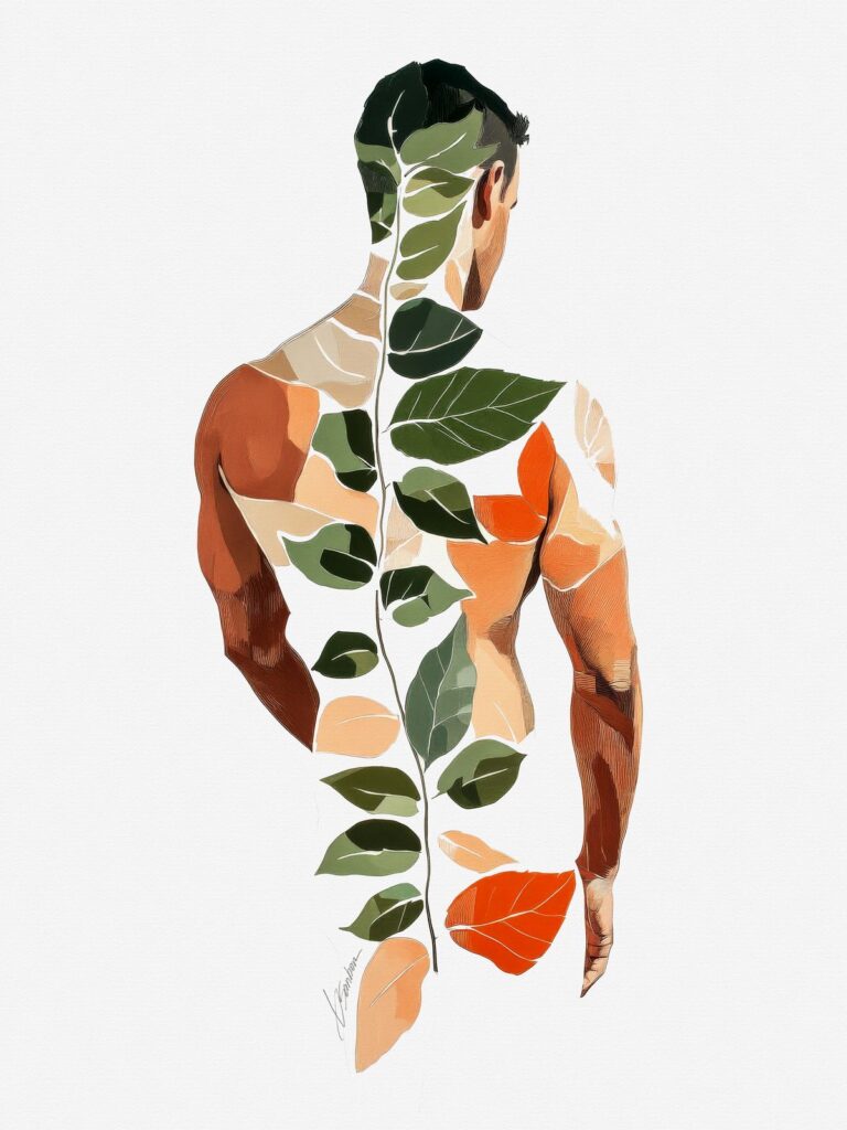 Rootline, a painting of a man's back with leaves along his spine, from the Wildflowers collection by Brenden Sanborn
