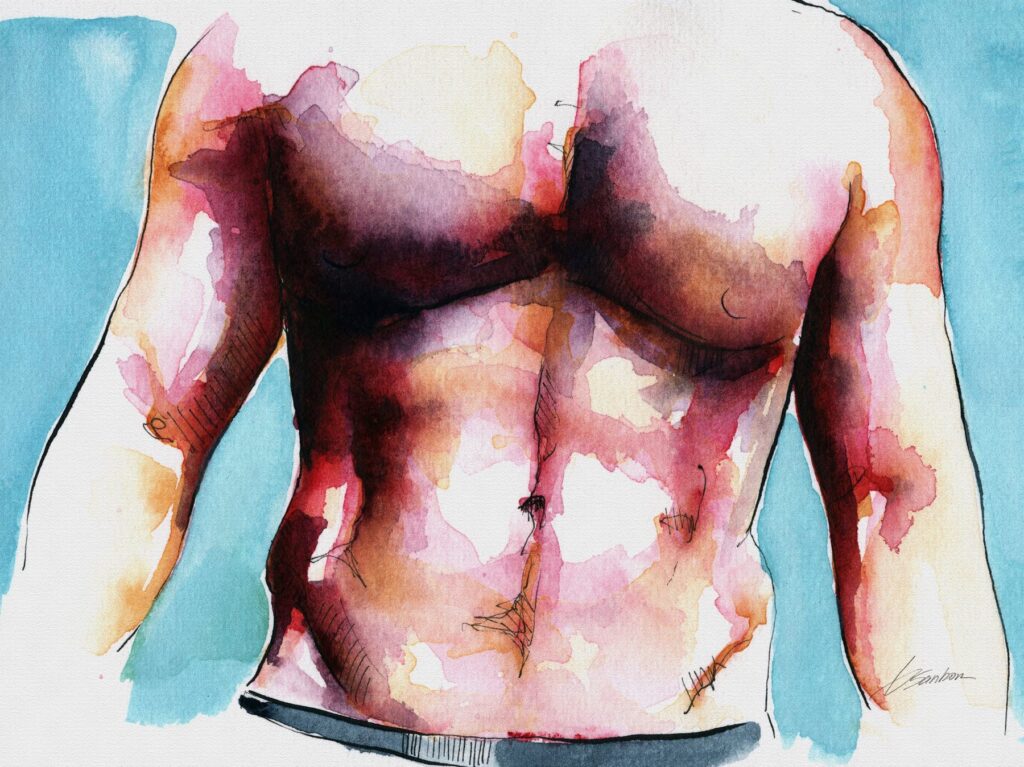 Watercolor study by Brenden Sanborn of a male chest and torso in rose and violet against soft blue