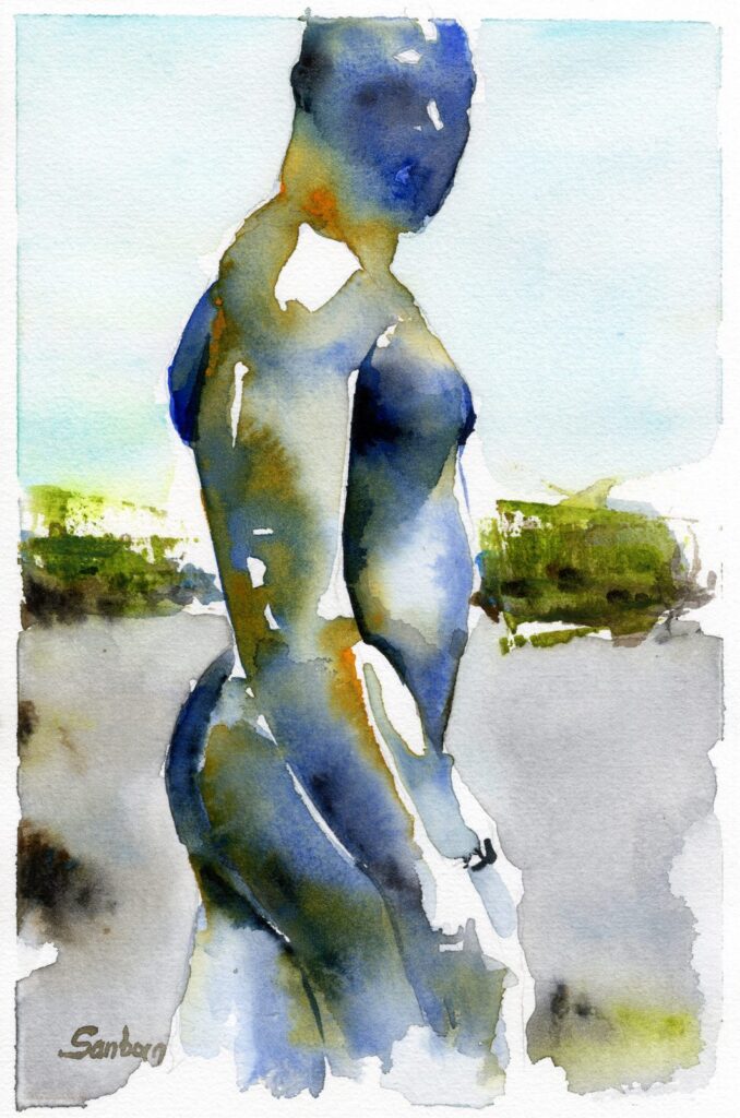 Watercolor male figure painting of a man standing on the shore in blues and greens, by Brenden Sanborn