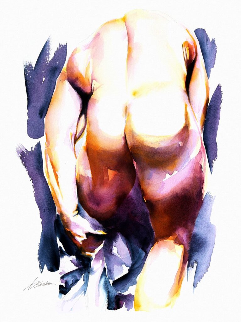 Sunday Morning, a golden watercolor of a male figure seen from behind, from the Peaches and Briefs collection by Brenden Sanborn