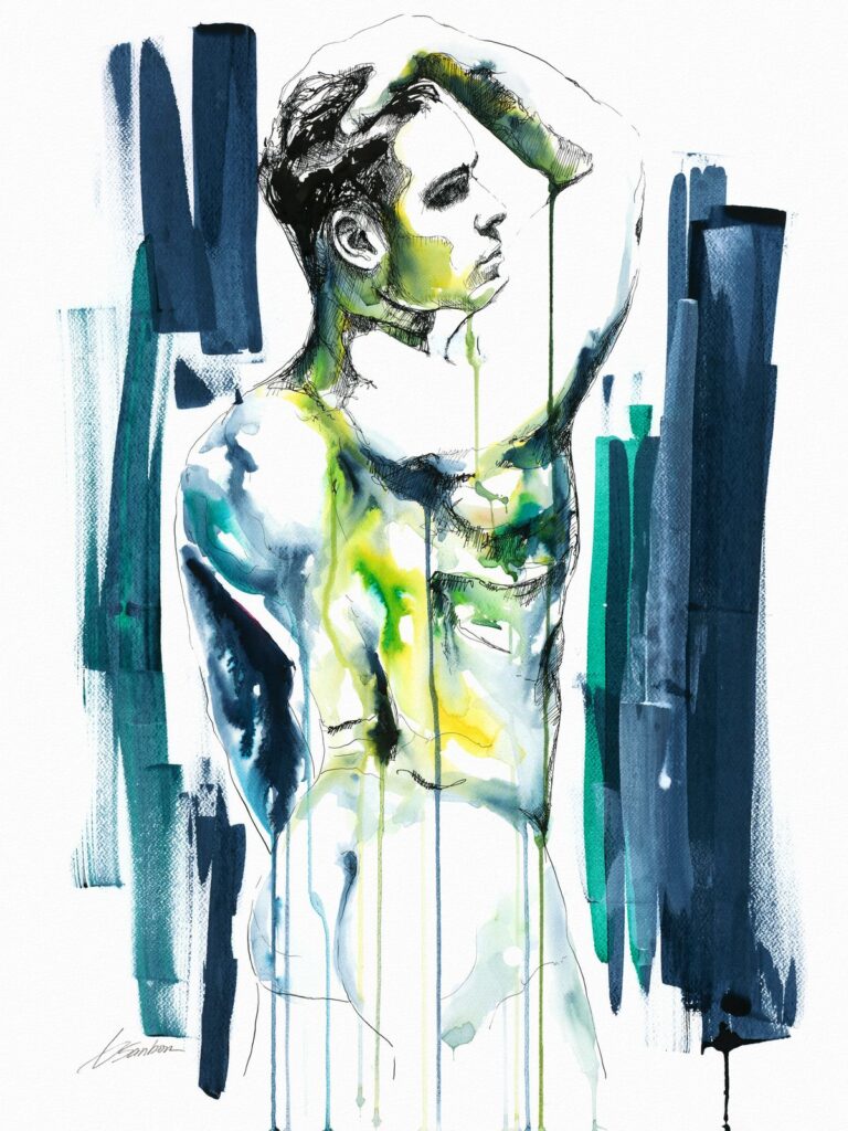 Open Sky, a watercolor of a male figure in green and teal with dripping paint, from the Drip collection by Brenden Sanborn