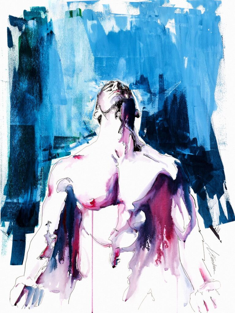 Open to It, a watercolor of a man with his head tilted back against deep blue brushstrokes, from the Drip collection by Brenden Sanborn