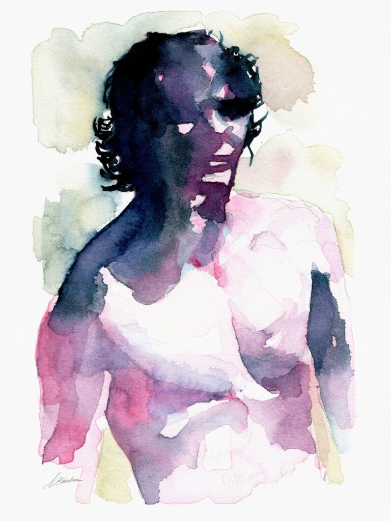 Watercolor painting by Brenden Sanborn of a male figure in soft pink and indigo washes, his face half in shadow