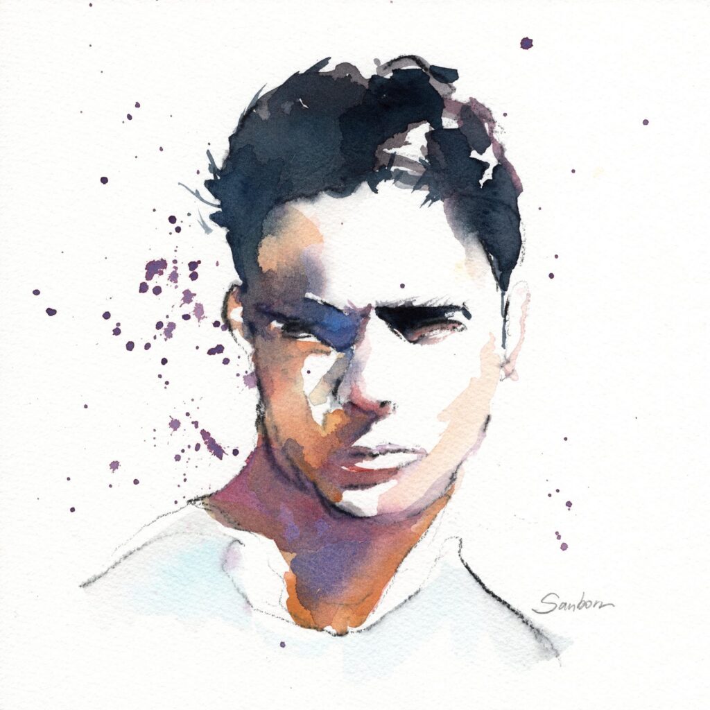 Watercolor portrait of a young man with dark hair and purple paint splatter, by Brenden Sanborn