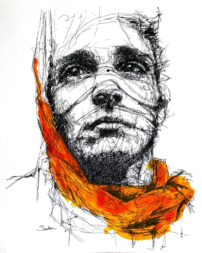 Expressive ink line portrait of a man’s face wrapped in a flowing orange scarf, by Brenden Sanborn