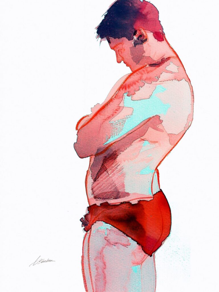 Male figure art of a man in red swim briefs looking down, in pink, red and aqua, by Brenden Sanborn