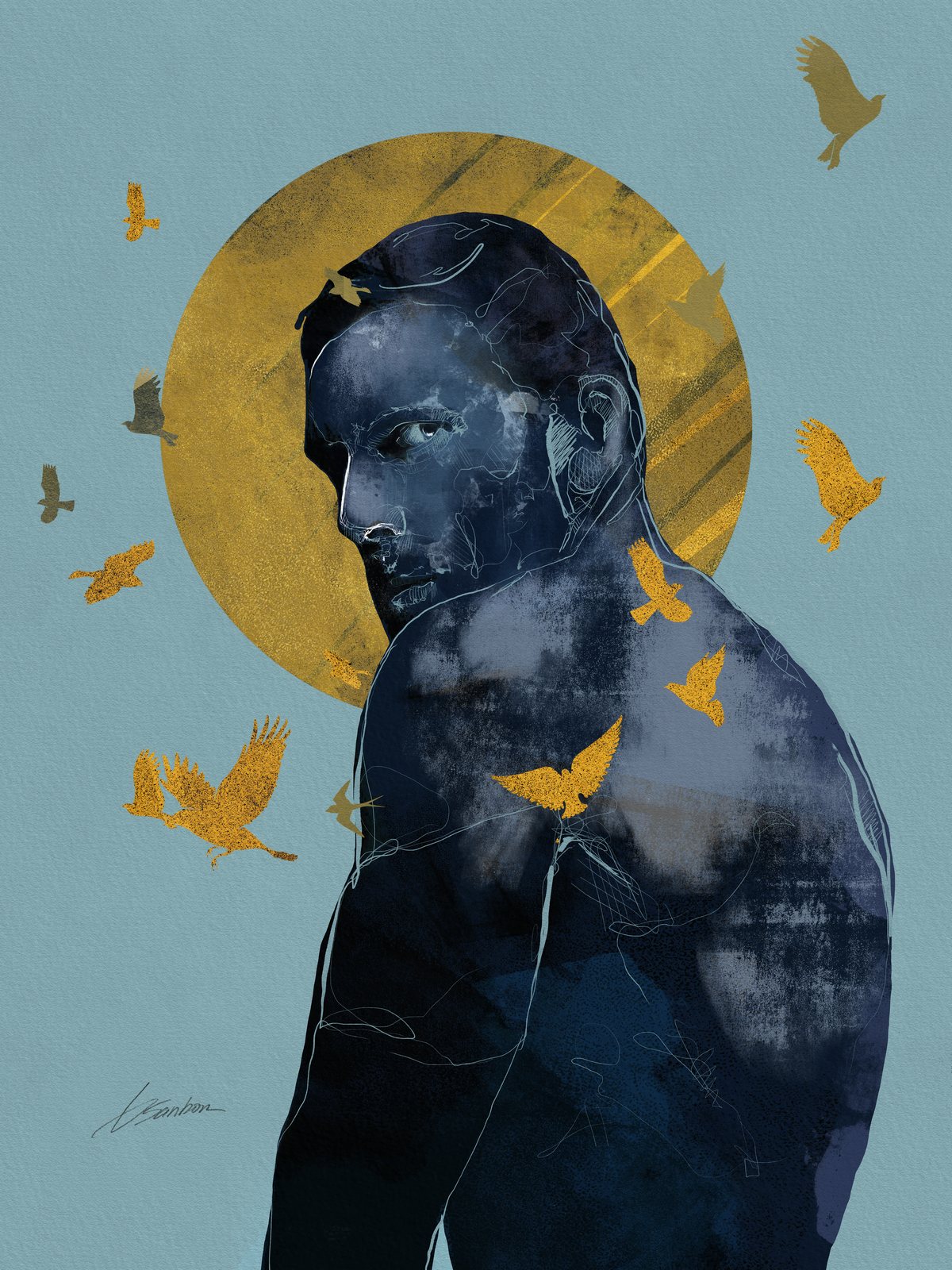 Painting by Brenden Sanborn of a man in deep blue looking back over his shoulder, a gold sun behind him and gold birds in flight around him