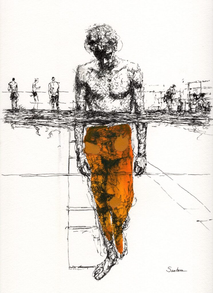 Ink drawing of a swimmer standing on a dock with an orange wash, swimmers in the distance, by Brenden Sanborn