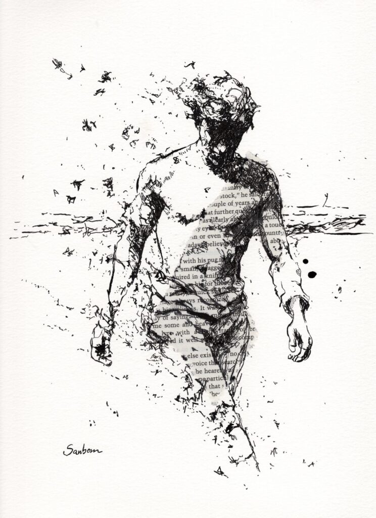 Ink drawing of a man walking out of the sea on a vintage book page, with birds scattering around him, by Brenden Sanborn
