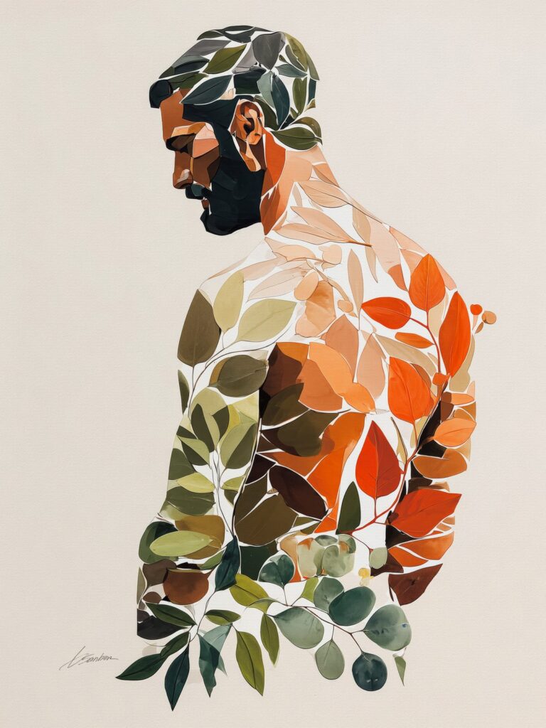 Male figure art of a bearded man whose back and shoulders are covered in green and orange leaves, by Brenden Sanborn