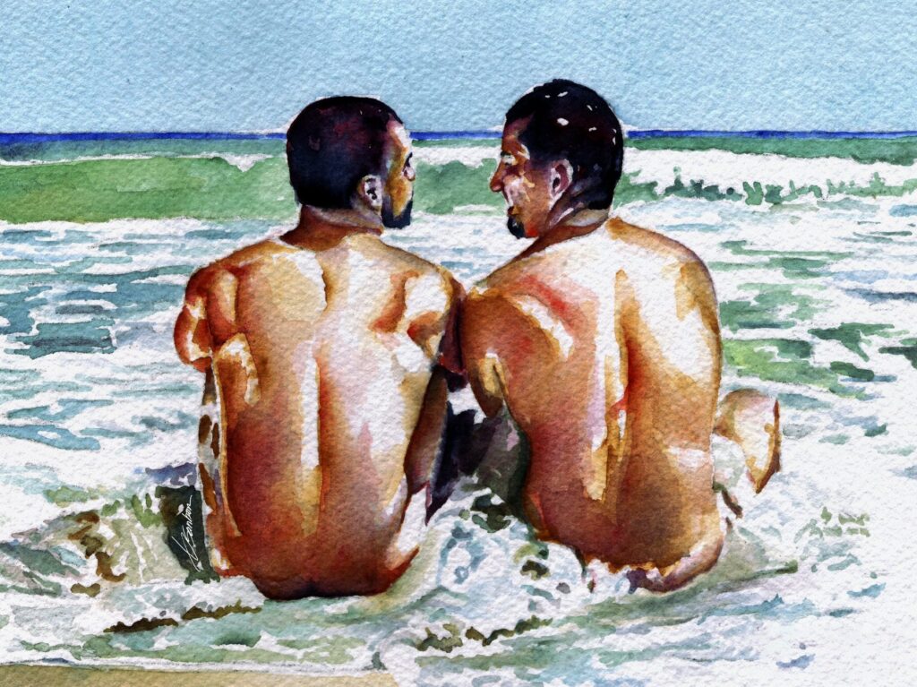 Watercolor painting by Brenden Sanborn of two men sitting side by side in the surf, seen from behind