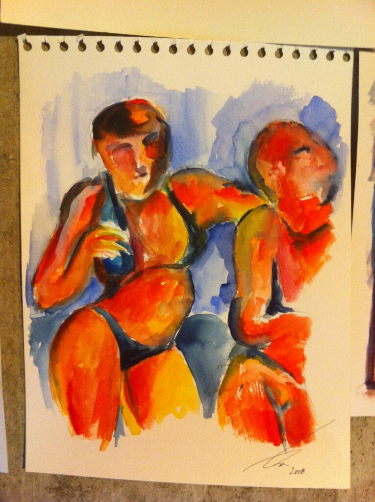 Watercolor by Brenden Sanborn from 2013 of two dancing figures in bright orange, painted during a stuck period