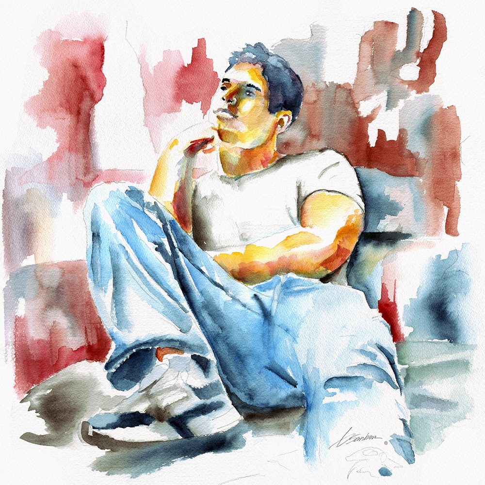 Original watercolor by Brenden Sanborn of a man in jeans sitting back in a chair