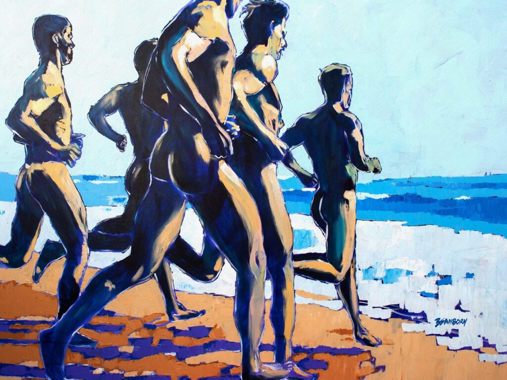Painting by Brenden Sanborn of men running into the sea, seen from behind, in bold blues and gold