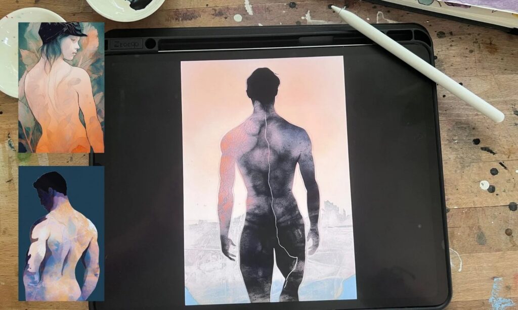 A Brenden Sanborn digital painting of a male figure on an iPad, with his watercolor studies beside it