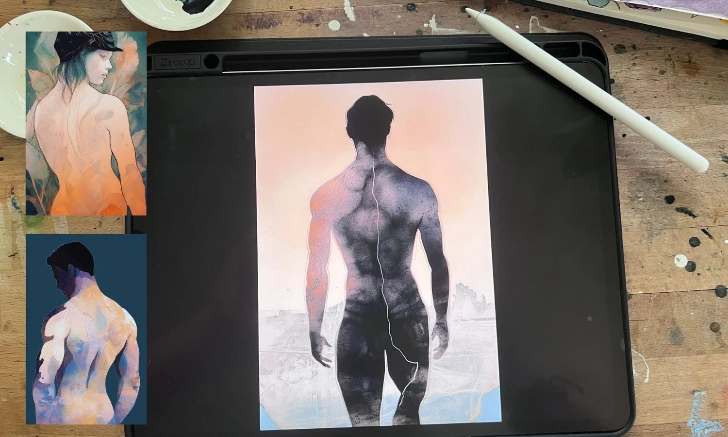 A Brenden Sanborn digital painting of a male figure on an iPad, with his watercolor studies beside it