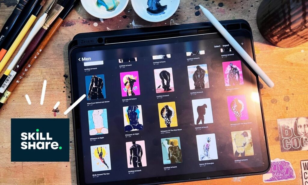 Brenden Sanborn's Procreate gallery of digital paintings on an iPad, beside his paints and pencils