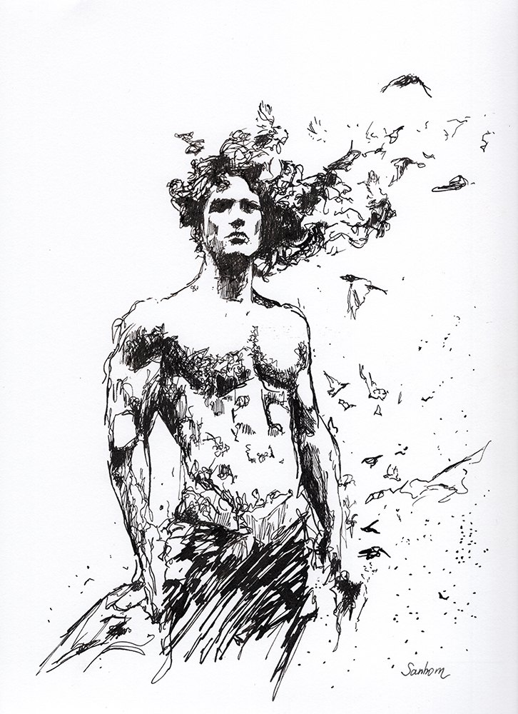 Scattered Selfhood, ink drawing of a male figure dissolving into birds by Brenden Sanborn