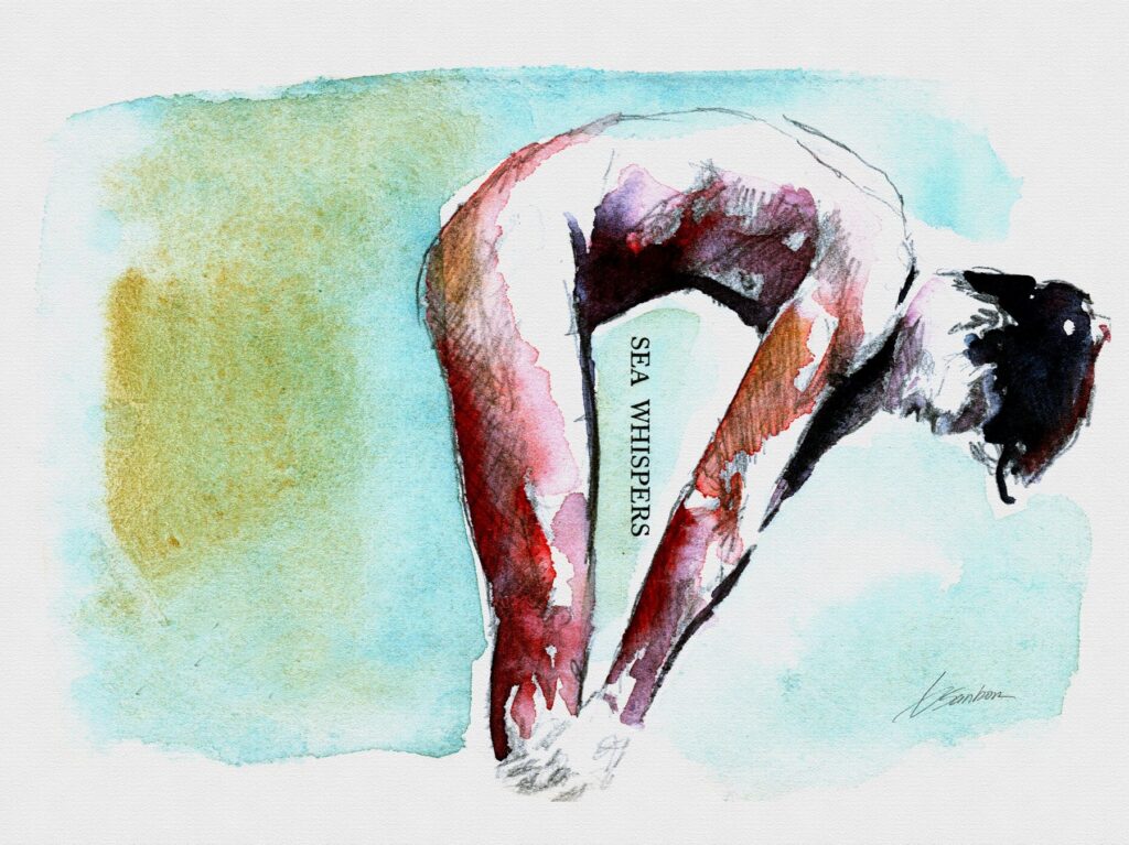 Watercolor by Brenden Sanborn of a man bending forward, with the words Sea Whispers painted beside him