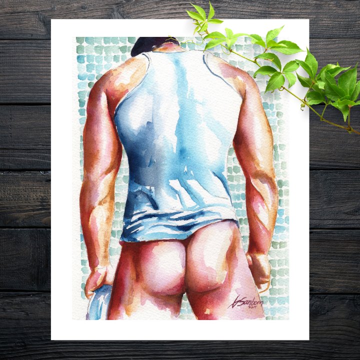 Sensual Touch, watercolor of a man from behind in a blue tank top by Brenden Sanborn, one of two paintings in the Netflix film Pray Away